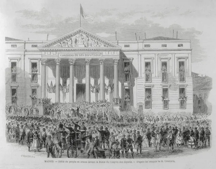 Framed Print : Spain (1868). Madrid. Armed people parading in Framed Print : Spain (1868). Madrid. Armed people parading in