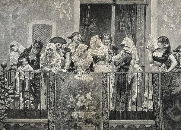 Spain (1884). Awaiting the procession, engraving
