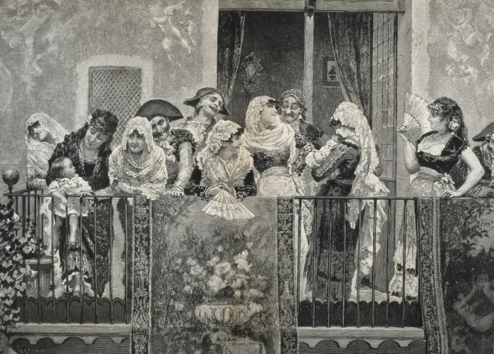 Framed Print : Spain (1884). Awaiting the procession, engraving Framed Print : Spain (1884). Awaiting the procession, engraving