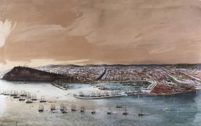 Framed Print : Spain (1888). Barcelona. City harbour with Framed Print : Spain (1888). Barcelona. City harbour with