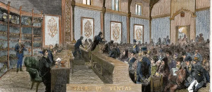 Framed Print : Spain. 19th century. Pawnshop and Savings Bank. Sales room Framed Print : Spain. 19th century. Pawnshop and Savings Bank. Sales room