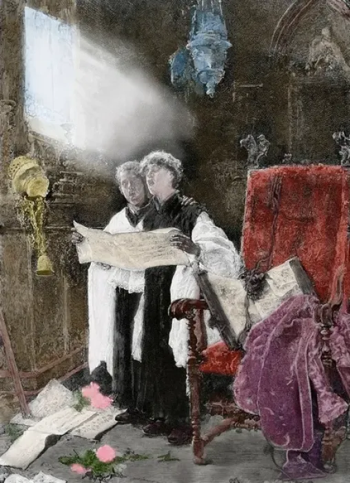 Framed Print : Spain. Altar server singing. Essay. Engraving, 1886. Colored Framed Print : Spain. Altar server singing. Essay. Engraving, 1886. Colored