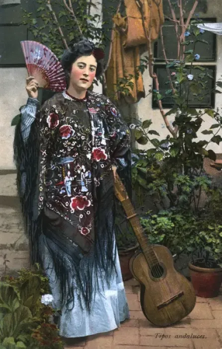 Framed Print : Spain - Andalucian Lady with guitar and fan - Japanese shawl Framed Print : Spain - Andalucian Lady with guitar and fan - Japanese shawl