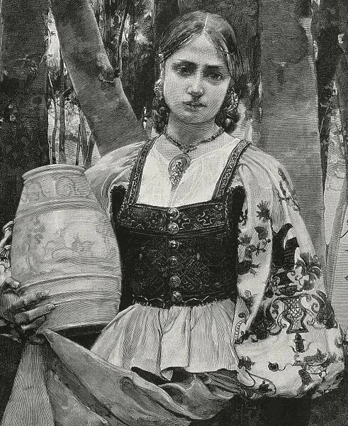 Spain. Asturias. Girl with traditional costume. Engraving