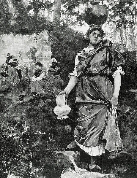 Spain. Asturias. Woman fetching water. Fount Castaneu. Engra