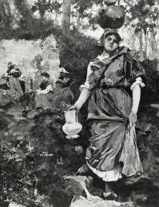 Framed Print : Spain. Asturias. Woman fetching water. Fount Castaneu. Engra Framed Print : Spain. Asturias. Woman fetching water. Fount Castaneu. Engra