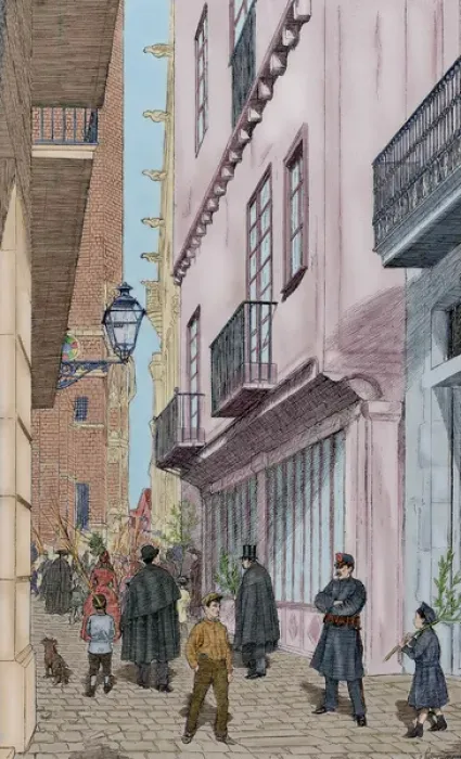 Framed Print : Spain. Barcelona. Freneria street on Palm Sunday. Drawing by Framed Print : Spain. Barcelona. Freneria street on Palm Sunday. Drawing by