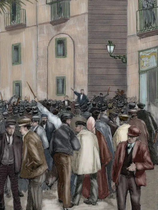Framed Print : Spain. Barcelona. Working demonstration. Engraving. Colored Framed Print : Spain. Barcelona. Working demonstration. Engraving. Colored