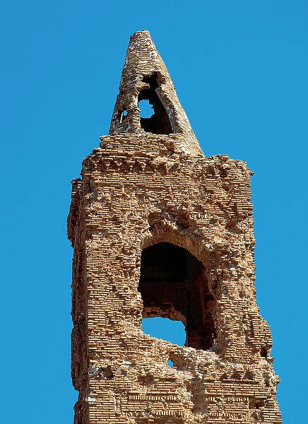 Spain. Belchite. Belfry in ruins