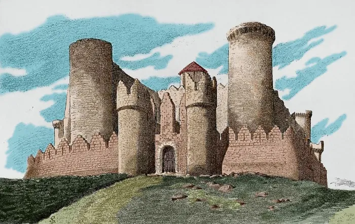 Framed Print : Spain. Castle of Belmonte. Engraving. Later colouration Framed Print : Spain. Castle of Belmonte. Engraving. Later colouration