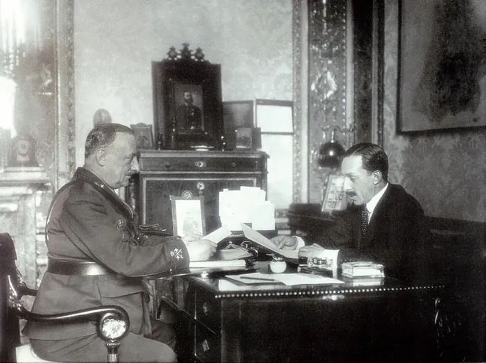 Framed Print : Spain. Dictatorship of Primo de Rivera. First conversation between king Alfonso XIII Framed Print : Spain. Dictatorship of Primo de Rivera. First conversation between king Alfonso XIII