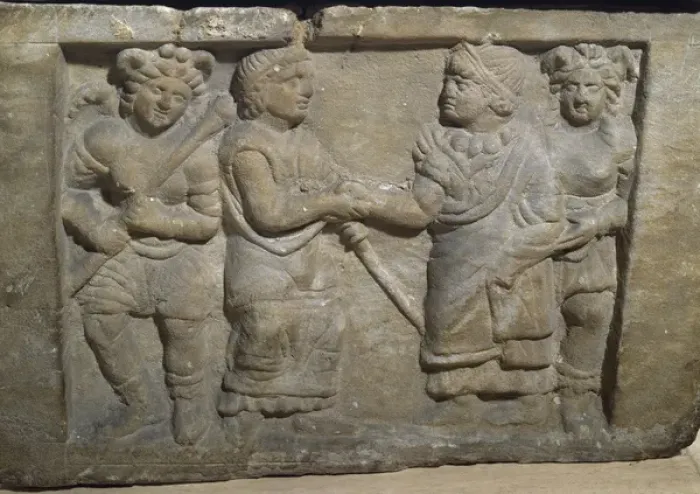 Framed Print : Spain. Etruscan art. Urn. Farewell between spouses. Detail Framed Print : Spain. Etruscan art. Urn. Farewell between spouses. Detail