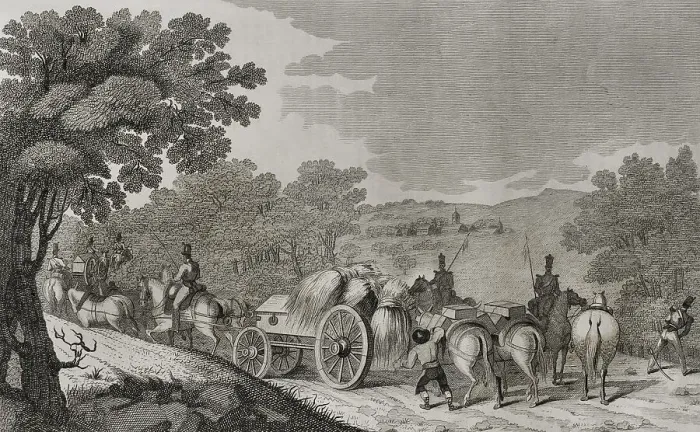 Framed Print : Spain. First Carlist War (1833-1840). Driving a convoy Framed Print : Spain. First Carlist War (1833-1840). Driving a convoy
