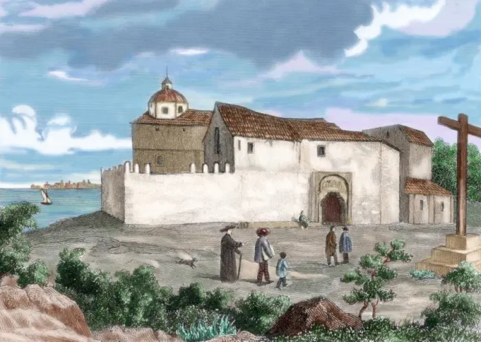 Framed Print : Spain. La Rabida Monastery. Colored engraving Framed Print : Spain. La Rabida Monastery. Colored engraving