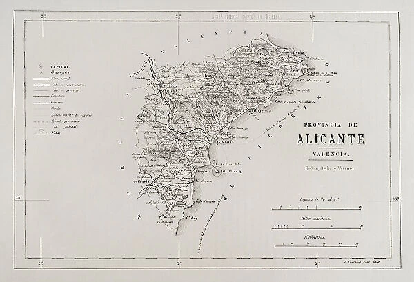 Spain. Map of Alicante province, 19th century
