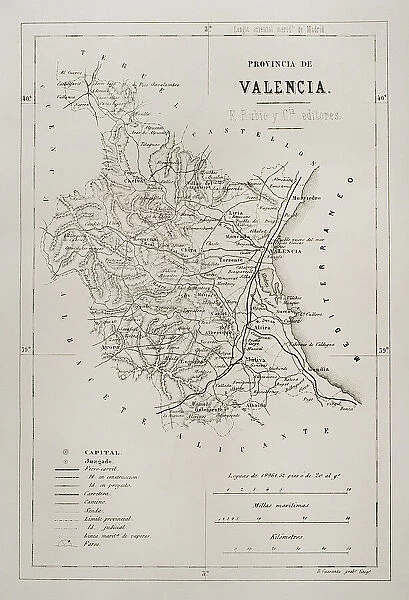 Spain. Map of the province of Valencia, 19th century