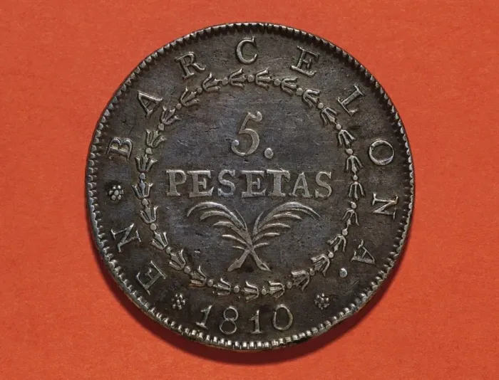 Framed Print : Spain. Five pesetas. Reverse. 19th century Framed Print : Spain. Five pesetas. Reverse. 19th century