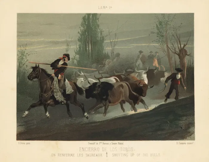 Framed Print : Spanish cowboys with lances shutting up the bulls Framed Print : Spanish cowboys with lances shutting up the bulls