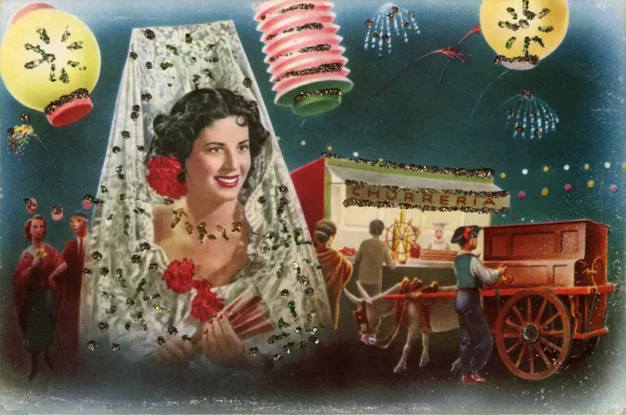Framed Print : Spanish scene with lady, lanterns, cafe and street musician Framed Print : Spanish scene with lady, lanterns, cafe and street musician