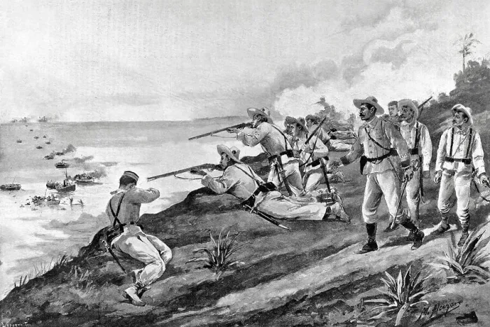 Framed Print : Spanish soldiers reject the landing of US troops on Cuba Framed Print : Spanish soldiers reject the landing of US troops on Cuba