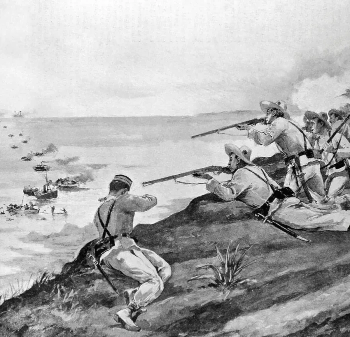 Framed Print : Spanish soldiers reject the landing of US troops on Cuba Framed Print : Spanish soldiers reject the landing of US troops on Cuba