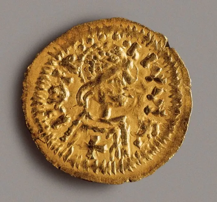 Framed Print : Spanish-Visigothic triente (gold coin) minted in Seville wit Framed Print : Spanish-Visigothic triente (gold coin) minted in Seville wit