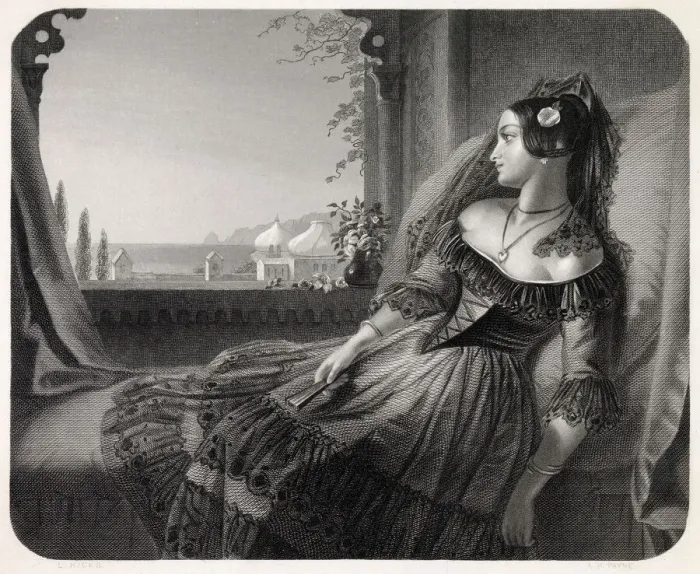 Framed Print : A Spanish woman with fan. Date: 19th Century Framed Print : A Spanish woman with fan. Date: 19th Century