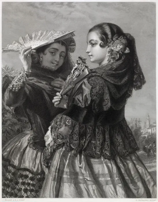 Framed Print : Two Spanish women with fans Date: 19th Century Framed Print : Two Spanish women with fans Date: 19th Century