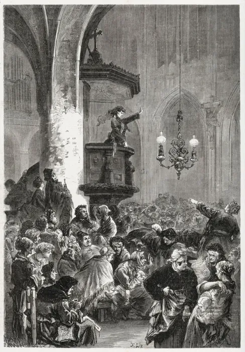 Framed Print : A speaker addresses her fellow women revolutionaries in the church of Saint-Germain l Framed Print : A speaker addresses her fellow women revolutionaries in the church of Saint-Germain l