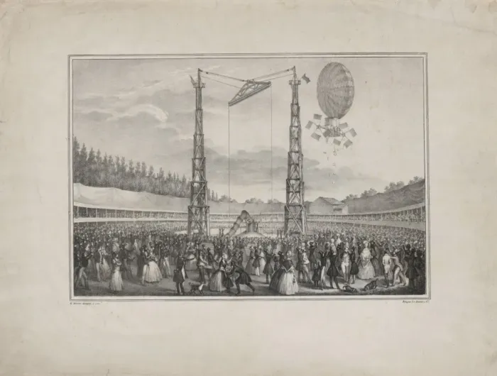 Framed Print : Spectators in an arena viewing the ascension of a balloon dr Framed Print : Spectators in an arena viewing the ascension of a balloon dr
