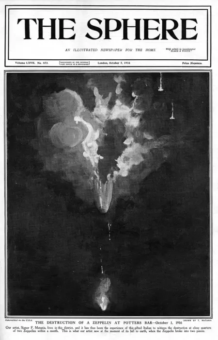 Framed Print : Sphere cover - destruction of zeppelin, Potters Bar, Matania Framed Print : Sphere cover - destruction of zeppelin, Potters Bar, Matania