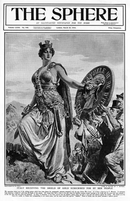 Framed Print : Sphere cover - Italy receiving shield of gold by Matania Framed Print : Sphere cover - Italy receiving shield of gold by Matania