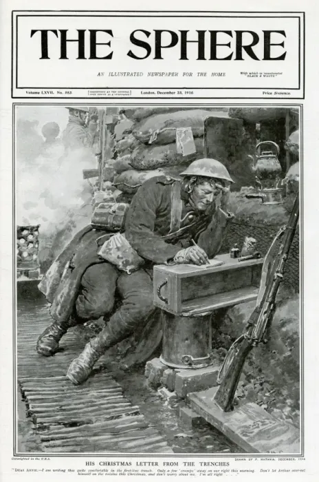 Framed Print : Sphere cover - His Xmas letter from the trenches, Matania Framed Print : Sphere cover - His Xmas letter from the trenches, Matania