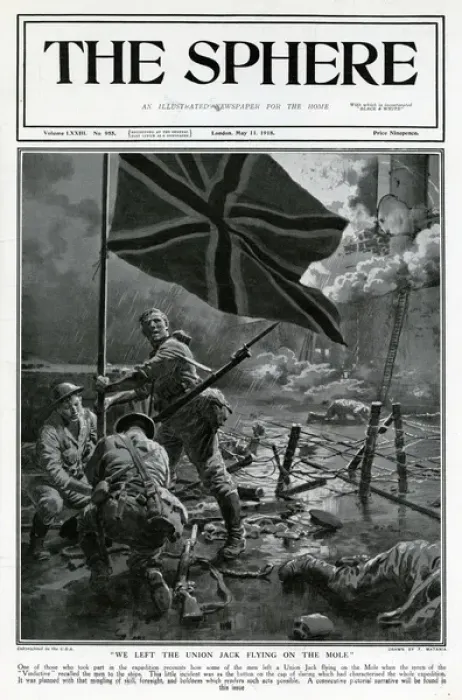 Framed Print : Sphere cover - Zeebrugge raid, crew fix Union flag, WW1 Framed Print : Sphere cover - Zeebrugge raid, crew fix Union flag, WW1