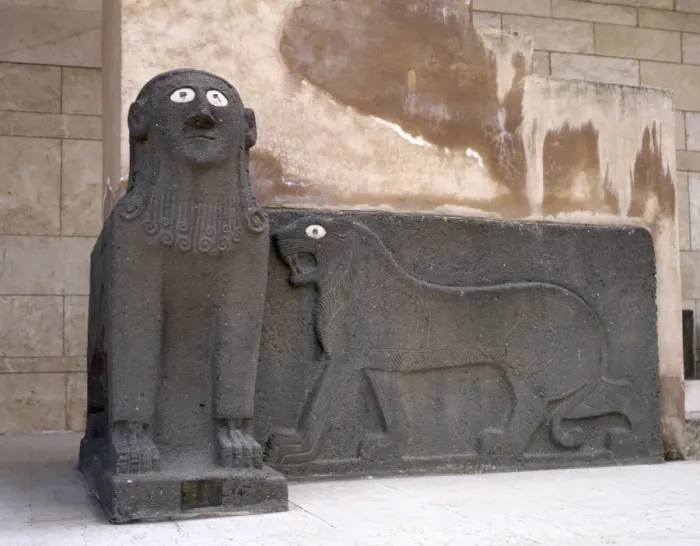 Framed Print : Sphinx and a lion in relief. Basalt. Syria Framed Print : Sphinx and a lion in relief. Basalt. Syria