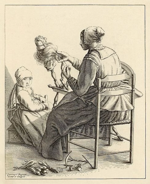 Spinning, Holland. A Dutch woman at her spinning wheel, with hanks of thread at her feet