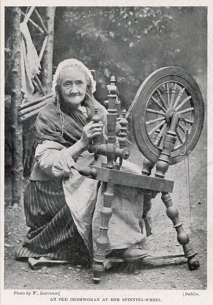 Spinning, Ireland. An old Irishwoman at her spinning-wheel