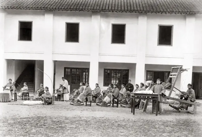 Framed Print : Spinning and weaving, Christian mission school, China Framed Print : Spinning and weaving, Christian mission school, China