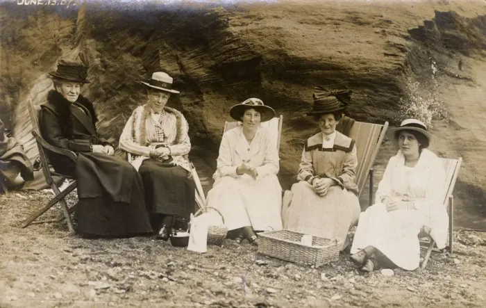 Framed Print : Five Spinsters having a Picnic on the Beach Framed Print : Five Spinsters having a Picnic on the Beach