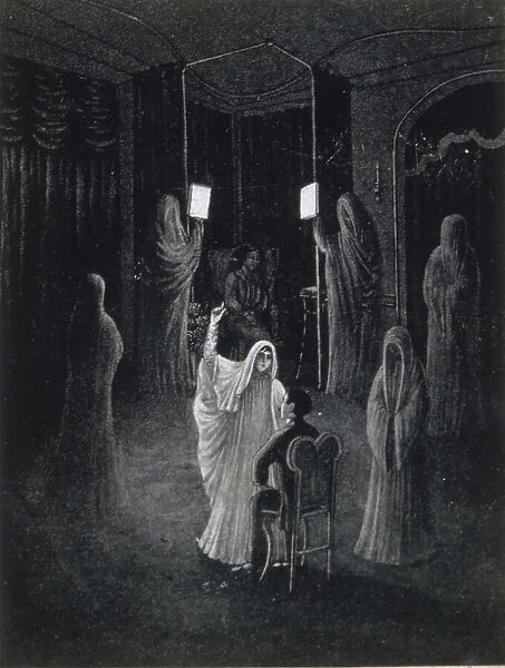 Spirits materialise at a seance organised by Achille Borgnis ; they are illuminated by luminous plaques Date: circa 1920