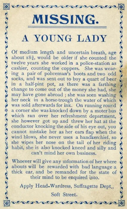 Framed Print : Spoof missing notice, anti-suffrage satire Framed Print : Spoof missing notice, anti-suffrage satire