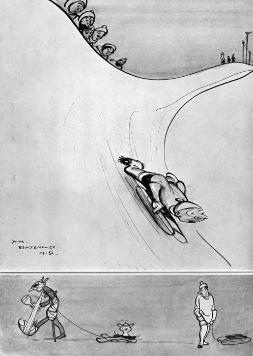 Framed Print : Sporting with Winter Sports by H. M. Bateman - tobogganning Framed Print : Sporting with Winter Sports by H. M. Bateman - tobogganning