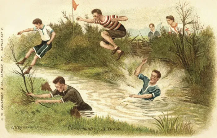 Framed Print : Sports. Cross country. A brook. Men in 1930s sportswear jumping a wide brook Framed Print : Sports. Cross country. A brook. Men in 1930s sportswear jumping a wide brook