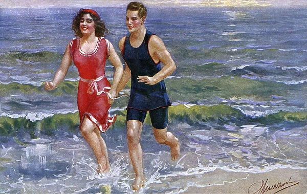 Sporty Italian couple on holidy jog through the surf