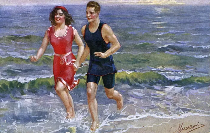 Framed Print : Sporty Italian couple on holidy jog through the surf Framed Print : Sporty Italian couple on holidy jog through the surf