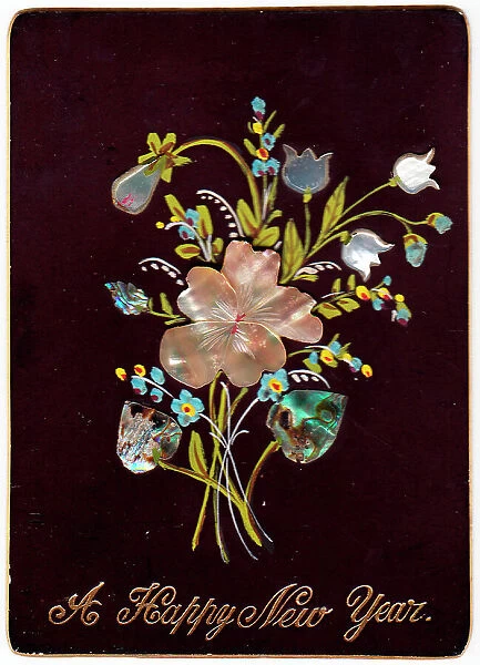 Spray of flowers made of shiny material on a New Year card