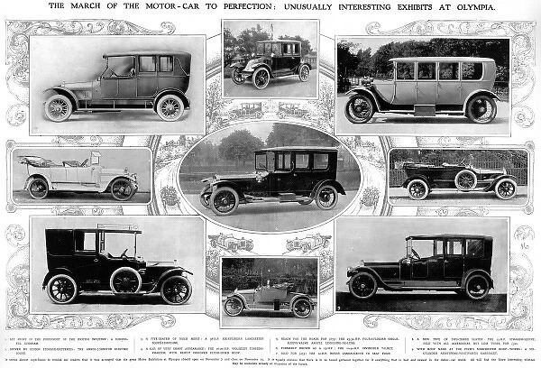 Spread of car exhibits from Olympia Motor exhibition 1913