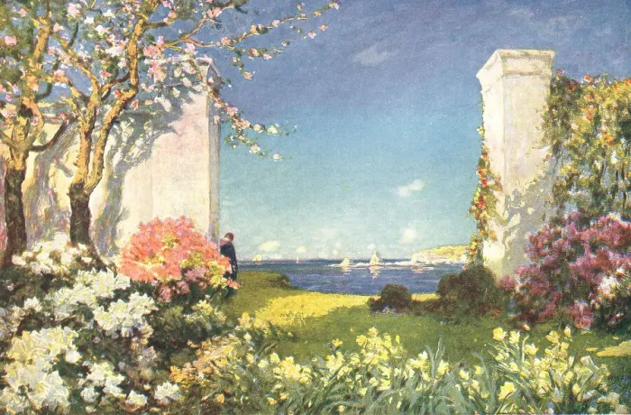 Framed Print : Spring. A colourful painting which shows a figure leaning in a wide opening Framed Print : Spring. A colourful painting which shows a figure leaning in a wide opening