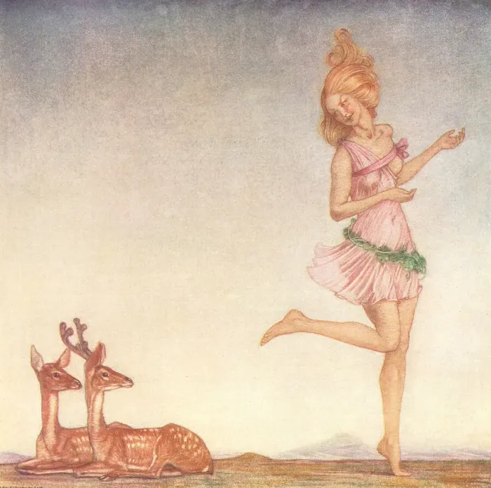 Framed Print : Spring. A painting of a prancing girl wearing a pink dress Framed Print : Spring. A painting of a prancing girl wearing a pink dress