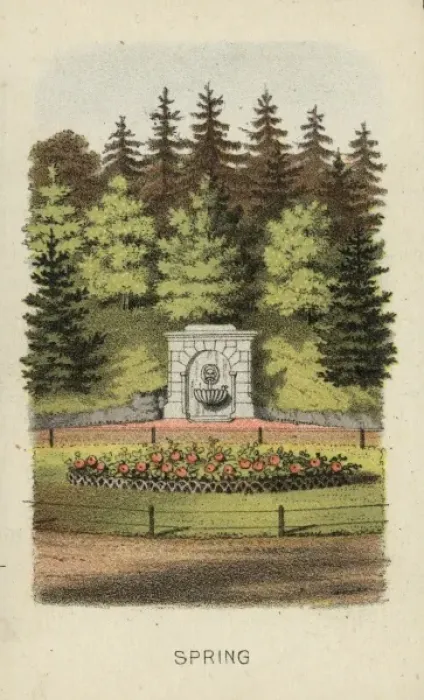 Framed Print : Spring. Print shows a view of a fixture constructed at the base of a hillside Framed Print : Spring. Print shows a view of a fixture constructed at the base of a hillside